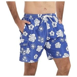 Mens Swim trunks Shorts Bathing suit Blue Floral hibiscus Hawaiian  Large NWT